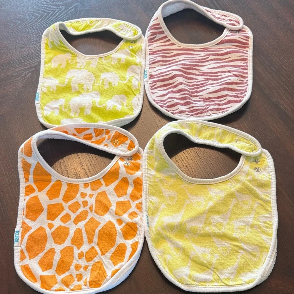4 Pack Terry Cloth Baby Bibs Animal Print Snap Closure Feeding Set